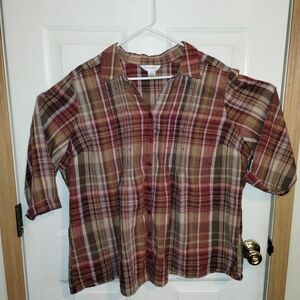 CJ Banks Red and Brown Plaid Button Down 3/4 Length Sleeve with Relaxed Fit